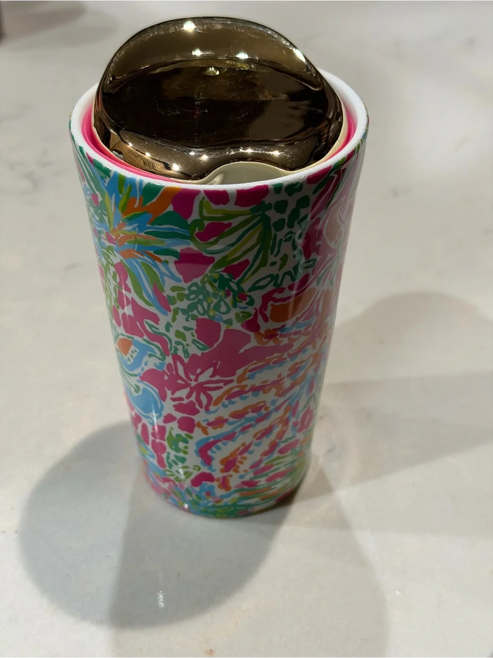 Lilly Pulitzer Pink Multicolor Floral Ceramic Tumbler with Gold Lid